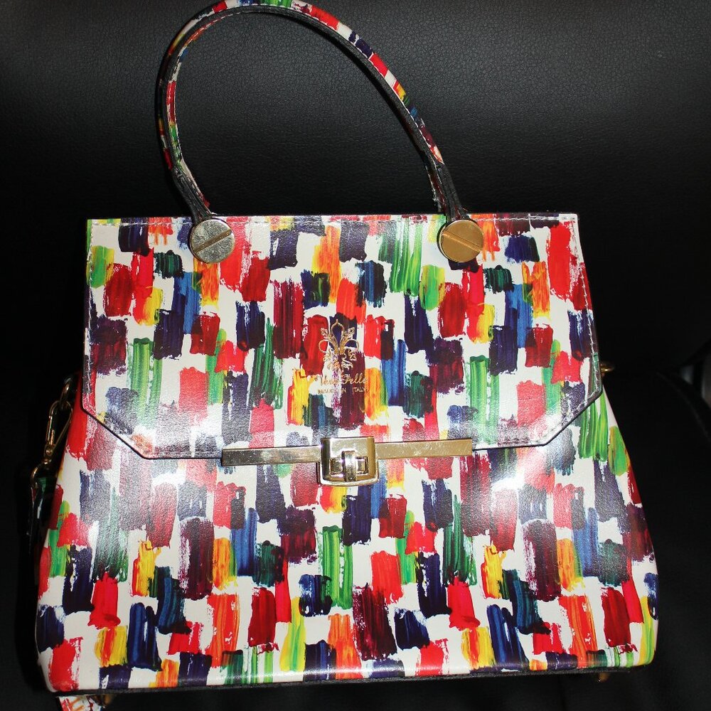Vera Pelle Genune Leather abstract paint  print stroke  Made in Italy Hand  bag